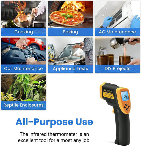 Infrared Temperature Gun With 16 To 1 Distance To Spot Ratio Non Contact Laser Thermometer -58℉ To 1382℉ Digital IR Tool in use for cooking, baking, maintenance, DIY, and more.