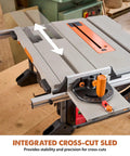 Integrated cross-cut sled on 10 Inch Jobsite Table Saw With Wheeled Scissor Stand 15 Amp Motor Multi Material Cutting 26 Inch Rip