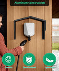 Heavy Duty Aluminum EV Charger Cover Rain Shield For Wall Mounted Electric Vehicle Stations Weatherproof Outdoor Guard installed with a charging unit.