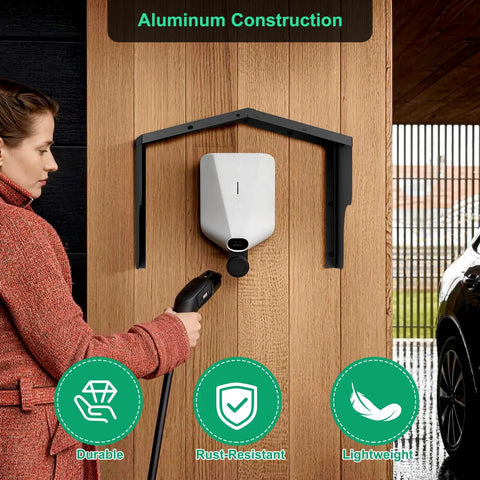 Heavy Duty Aluminum EV Charger Cover Rain Shield For Wall Mounted Electric Vehicle Stations Weatherproof Outdoor Guard installed with a charging unit.