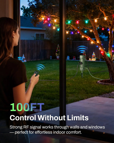 Woman using remote for Outdoor Power Stake Timer With Six Outlets, 100 Feet Wireless Remote, Dusk To Dawn Sensor, yard setup