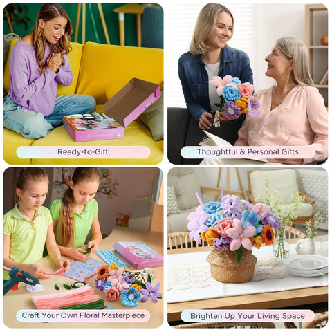 Massive 540 Piece Pipe Cleaners Craft Kit With 15 Designs Guiding Book For DIY Flower Bouquets And Party Decor, people crafting.