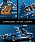 Hot Wheels Premium Building Set 1 To 12 Mercedes Benz 300 SL Dope Model Kit with 1600 pieces, displaying metal parts and decals.