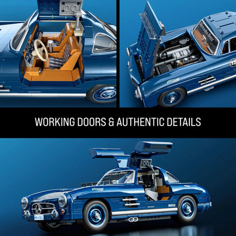 Hot Wheels Premium Building Set 1 To 12 Mercedes Benz 300 SL Dope Model Kit with 1600 pieces, displaying metal parts and decals.