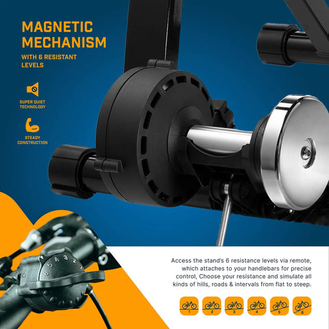 Close-up of magnetic mechanism on Indoor Bike Trainer Stand For Road And Mountain Bikes Portable Foldable Magnetic Stationary Trainer With Noise Reduction 6 Resistance Settings Stainless Steel Frame And Carry Bag For Easy Home Workouts.