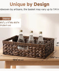 Large Wicker Storage Basket For Shelves And Pantry In Brown Water Hyacinth, 1 Pack, dimensions shown on wooden table