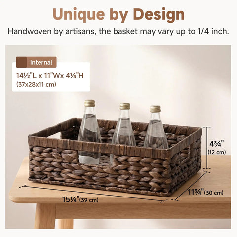 Large Wicker Storage Basket For Shelves And Pantry In Brown Water Hyacinth, 1 Pack, dimensions shown on wooden table