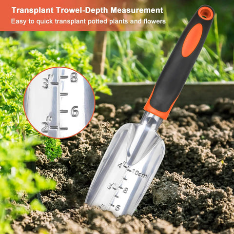Heavy Duty Garden Tools Set 3 Piece With Ergonomic Handles Shovel Transplant Trowel And Hand Rake Aluminum Alloy Orange For Planting Weeding Digging And Lawn Care showing transplant trowel with depth scale placed in soil