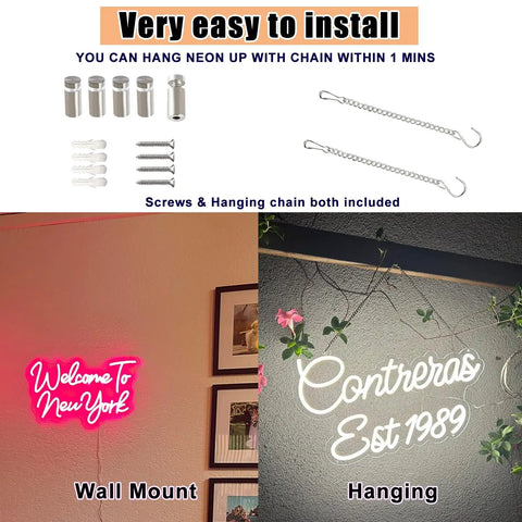 Personalized Neon LED Sign For Weddings And Events, Battery Or Plug Operated Lit Up Name Logo displaying 'Welcome to New York' in pink