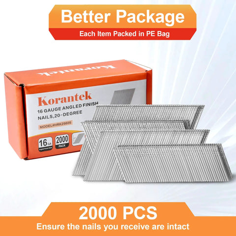 Heavy Hitter Galvanized Finish Nails 16 Gauge 20 Degree Angled 2000 Piece Set For Top Shelf Carpentry Work Rust Resistant And Totally Built Tough For Daily Use, displayed in a package with 2000 pieces.