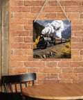 Locomotive Train Acrylic Hanging Ornament For Window And Wall Decor 8x8 Inch Modern Home Accent on brick wall above table