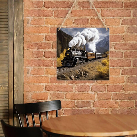 Locomotive Train Acrylic Hanging Ornament For Window And Wall Decor 8x8 Inch Modern Home Accent on brick wall above table