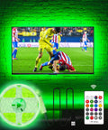 Dope LED Backlight Kit For 70 To 85 Inch TVs, 18ft USB Powered RGB Color Changing Strips shown with green backlight and remote control