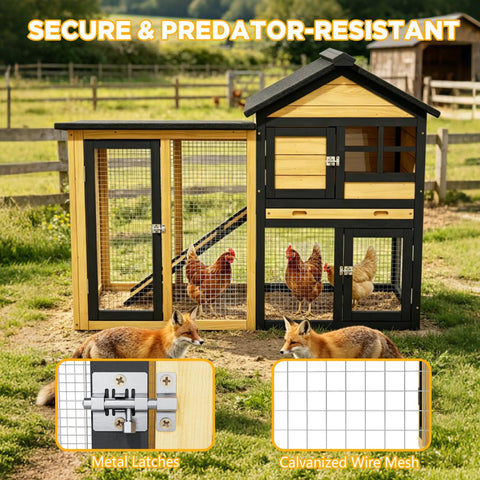 Wooden Chicken Coop With Run Outdoor Hen House Poultry Hutch Removable Tray And Ramp Wire Fence Weatherproof Roof For Backyard Two To Three Chickens Predator Resistant Design Durable Construction outdoors with chickens and foxes nearby.