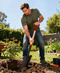 Man using Heavy Duty Spade Shovel For Digging With D Handle 45 Inch Trench Shovel For Gardening Digging Ground Transplanting