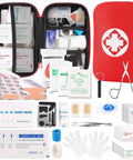 Front view of red waterproof Mini Travel First Aid Kit, open to reveal 201-piece supplies.