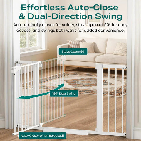 Auto Close Baby Gate For Stairs And Doorways, 30 To 46 Inches, Easy Install Pressure Mounted, Wide Walk Through Opening With One Hand Operation, Mom Approved Safe Gate For Toddlers And Pets, White