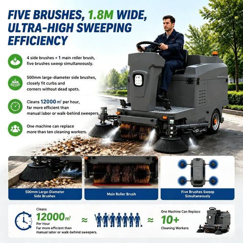 Heavy Duty Factory Floor Sweeper Machine For Industrial Cleaning Applications. Robust Commercial Janitorial Equipment Designed For Large Warehouses And Busy Workshops To Keep Floors Spotless And Dust Free With High Efficiency Brush Systems And Easy