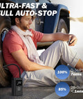 Man using Plug And Play 150 Psi Tire Inflator Fast Fill Air Compressor Digital Gauge Auto Shut Off near a vehicle.