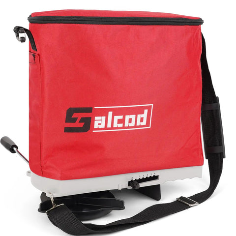 Big 25 Lb Seed Spreader For Lawn And Garden, adjustable handheld fertilizer and grass seed spreader with shoulder strap in red
