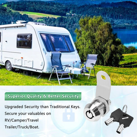 Built Tough Tubular Cam Locks For Toolboxes And Drawers With Keyed Alike Operation Includes Four Matching Keys And Smooth Chrome Finish To Lock Your Gear Down Safely At Home, shown in outdoor setting with RV.
