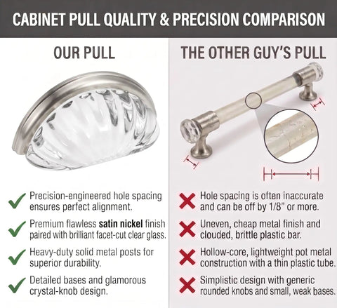 10 Pack Satin Nickel Cabinet Cup Pulls With Clear Glass Big 3 Inch Hole Centers comparison highlighting quality differences.
