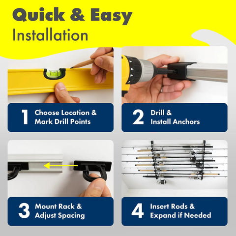 Versatile Fishing Rod Holder For Garage Organization And Wall Storage installation steps with tools and mounted rods