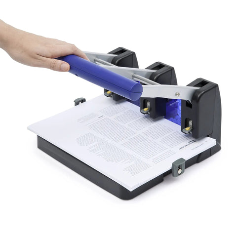 Heavy Duty Three Hole Puncher With 100 Sheet Capacity Self Centering Guide And Ergonomic Grip for office home and print shops.