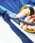 9.5 Inch Heavy Duty Titanium Coated Forged Stainless Steel Scissors For Fabric Leather Dressmaking Tailoring Home Office School Ultra Sharp All Purpose Shears That Slice Through 16 Plus Layer Fabrics Like Butter, cutting blue fabric