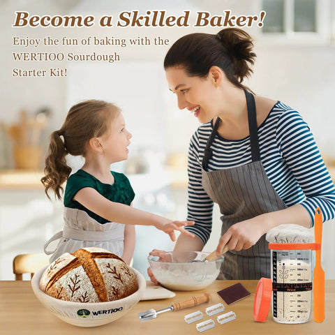 Pro Grade Sourdough Starter Kit with mother and daughter using Banneton baskets, jar, whisk, scraper for artisan bread making.