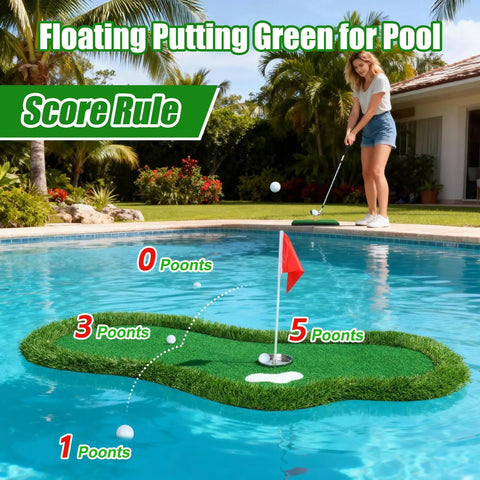 Person playing on a Poolside Floating Golf Green For Pool And Lake Play With Ball Retriever And Anti Drift Ropes Includes Chipping Mat Set