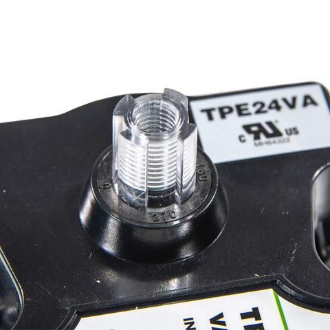 Close-up of TPE24VA 24-Volt valve actuator connector on a black control unit with a metal threaded insert