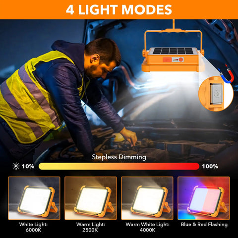 Rechargeable LED Work Light On The Go Portable Solar Powered Floor Lamp With 100W Output and 4 light modes being used during car repair