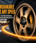 Four Pack Slick Wheel Center Caps Featuring Straight Forward Snap In Fit And Rust Proof Abs Build With Polished Chrome Rings To Quickly Freshen Up Sedan Suv Or Truck Rims Without Tools Or Hassle, close-up on a wheel in motion.