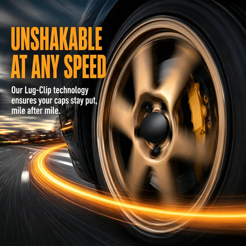 Four Pack Slick Wheel Center Caps Featuring Straight Forward Snap In Fit And Rust Proof Abs Build With Polished Chrome Rings To Quickly Freshen Up Sedan Suv Or Truck Rims Without Tools Or Hassle, close-up on a wheel in motion.