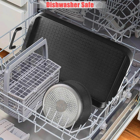 Stove Top Griddle 22 Inch Two Burner Large Grill Pan Nonstick Aluminum With Handles in dishwasher, showing dishwasher safe