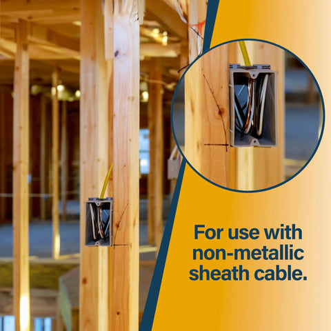 Grey Plastic Electrical Box 1-Gang New Work Junction Box With Captive Nails 20 Cu In Capacity installed on wooden frame