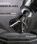 External deburring chamfer tool with tungsten carbide blades; close-up view, black grip.