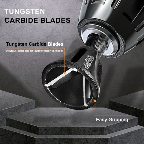 External deburring chamfer tool with tungsten carbide blades; close-up view, black grip.