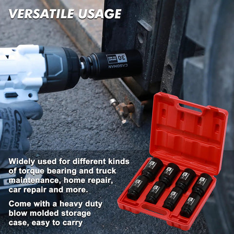One Half Inch Drive Deep Axle Nut Impact Socket Set 12 Point Metric CR MO Heavy Duty 8 Piece in use on vehicle wheel