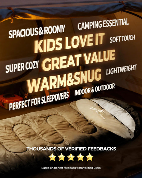 All Season Sleeping Bag For Adults And Kids Waterproof And Lightweight Compact Camping Gear inside a cozy tent.