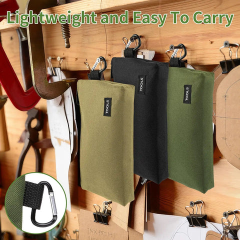 3 Pack Premium Tool Pouches With Zippers And Carabiners 10 Inch Flat Bottom Pouches displayed in tan, navy, and green