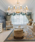K9 Crystal Candle Chandelier Ten Lights Pendant Ceiling Fixture in elegant living room setting, gold finish, glass details