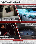 Image showing coolant issues: leaking reservoir, overheating engine warning, air in cooling system, and dashboard indicators. Top Tier Engine Coolant Reservoir Tank With Cap For Your Whip Smooth Riding Dodge Charger Challenger And Chrysler 300 Cooling System Overflow Replacement Heavy Duty Factory Fit.