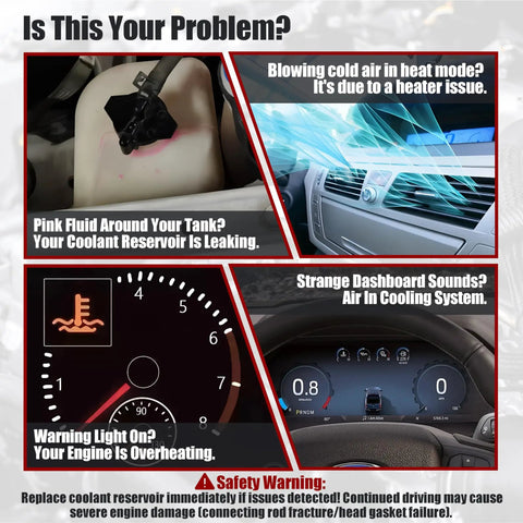 Image showing coolant issues: leaking reservoir, overheating engine warning, air in cooling system, and dashboard indicators. Top Tier Engine Coolant Reservoir Tank With Cap For Your Whip Smooth Riding Dodge Charger Challenger And Chrysler 300 Cooling System Overflow Replacement Heavy Duty Factory Fit.