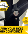 Close-up of Modular Two In One Hitch Rack For Two Bikes Up To Eighty Pounds Tilts And Folds For Easy Storage No Frame Contact
