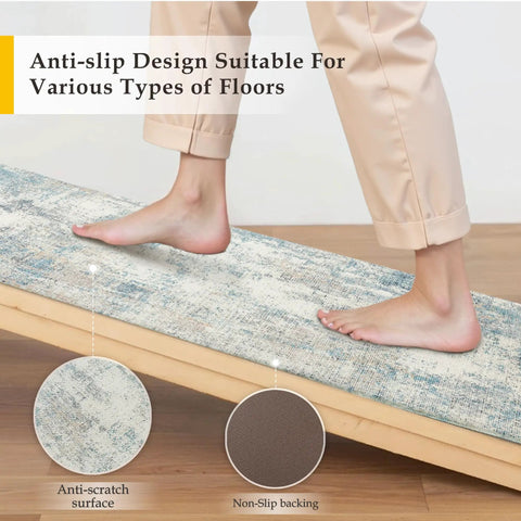 Person walking on Set Of Two Anti Fatigue Waterproof Kitchen Mats Blue Cream Abstract Cushioned Grippy Non Slip Comfort Standing Mats For Sink Laundry And Office Use With Durable Non Slip Backing And Easy Clean Finish