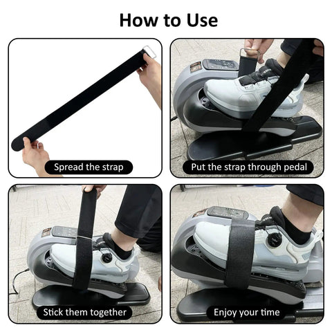 4 Pack Pedal Straps For Under Desk Elliptical Pedal Exercisers Secure Your Feet With Slip Resistant Straps For Stable, Safe Home Gym Workouts Great For Seniors And Low Impact Leg And Foot Training showing usage instructions