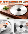 Heavy Duty 200W Electric Meat Slicer With Twin 7.5 Inch Stainless Steel Blades Adjustable Thickness Control disassembled blade on wood cutting board.