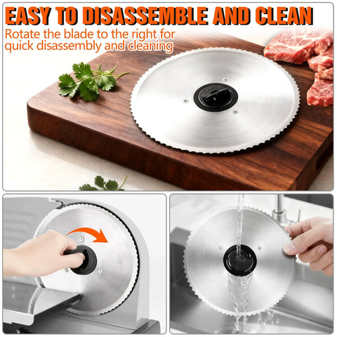 Heavy Duty 200W Electric Meat Slicer With Twin 7.5 Inch Stainless Steel Blades Adjustable Thickness Control disassembled blade on wood cutting board.